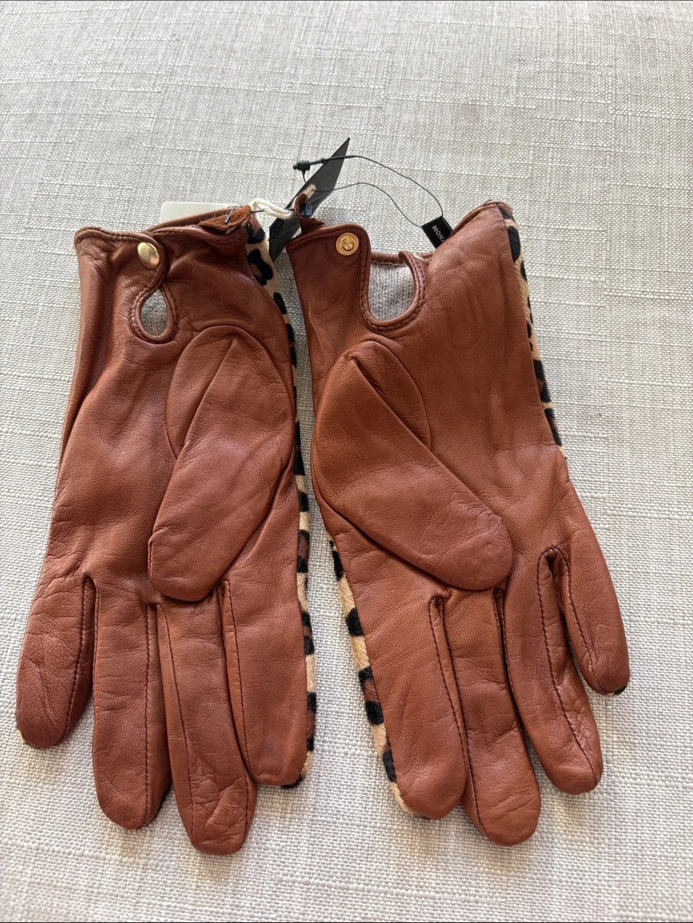Club Monaco Brown Leather Gloves with Leopard Print Back